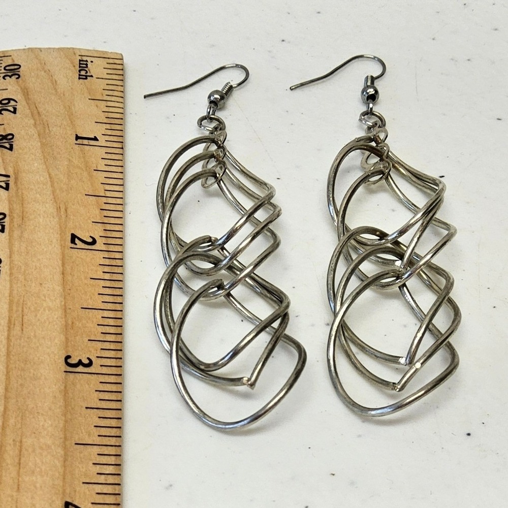 Dangle Earrings Women Silver Interlocking Swirl Cage Modernist - Picture 3 of 3